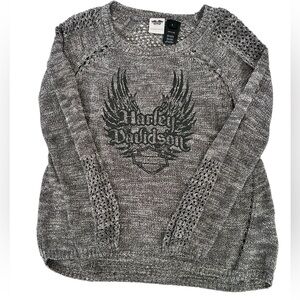 Harley Davidson Heather Gray Open-Knit Crewneck Sweater with Graphic Print Large
